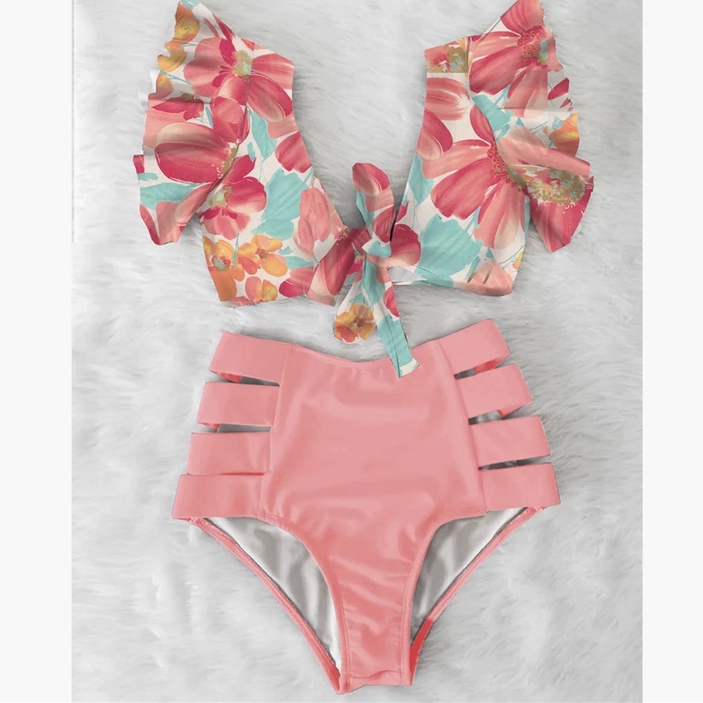 NEW ♡ ROSA BLUSH Floral Ruffle High Waisted Bikini SET